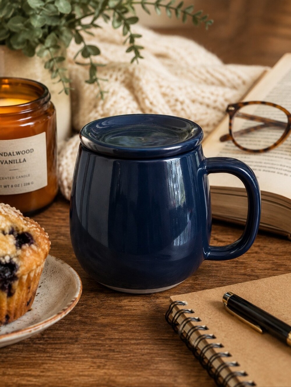Elegant Midnight Navy Blue Ceramic Mug With Lid
